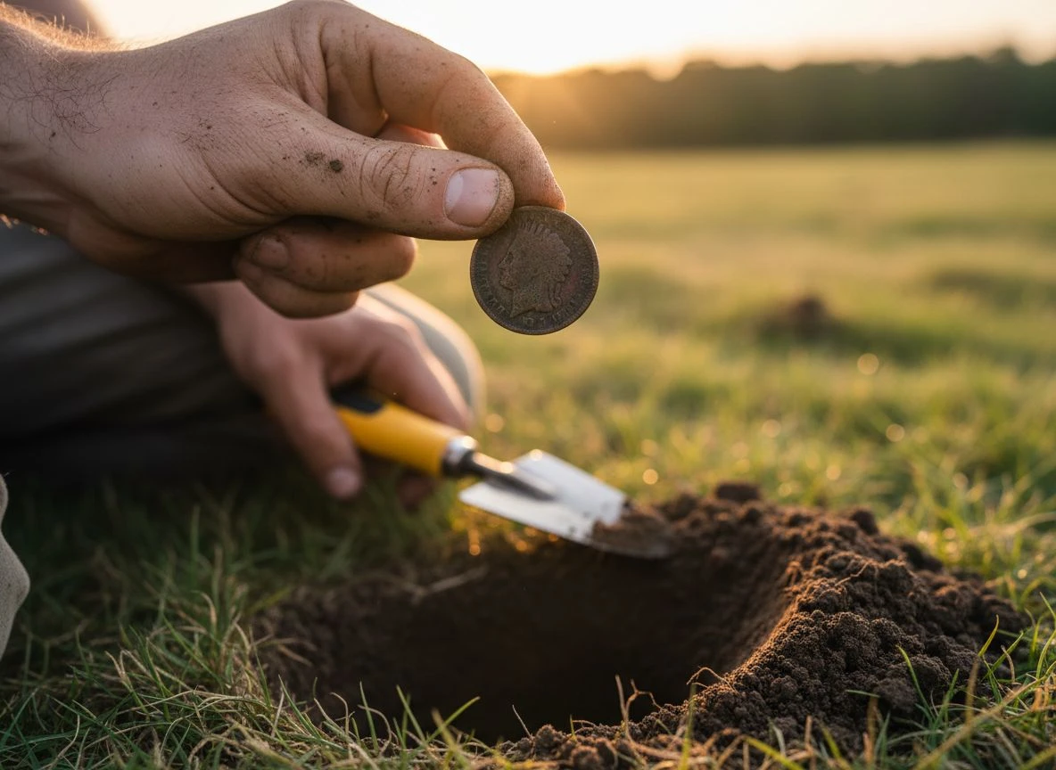 A soil-covered hand holds a dark, old Indian Head cent up to the light after digging it from a deep hole.
