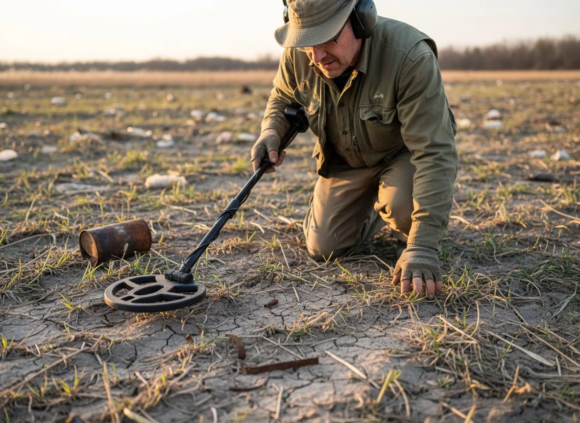 A metal detectorist carefully rocking their coil heel-to-toe over the ground while listening to their headphones.
