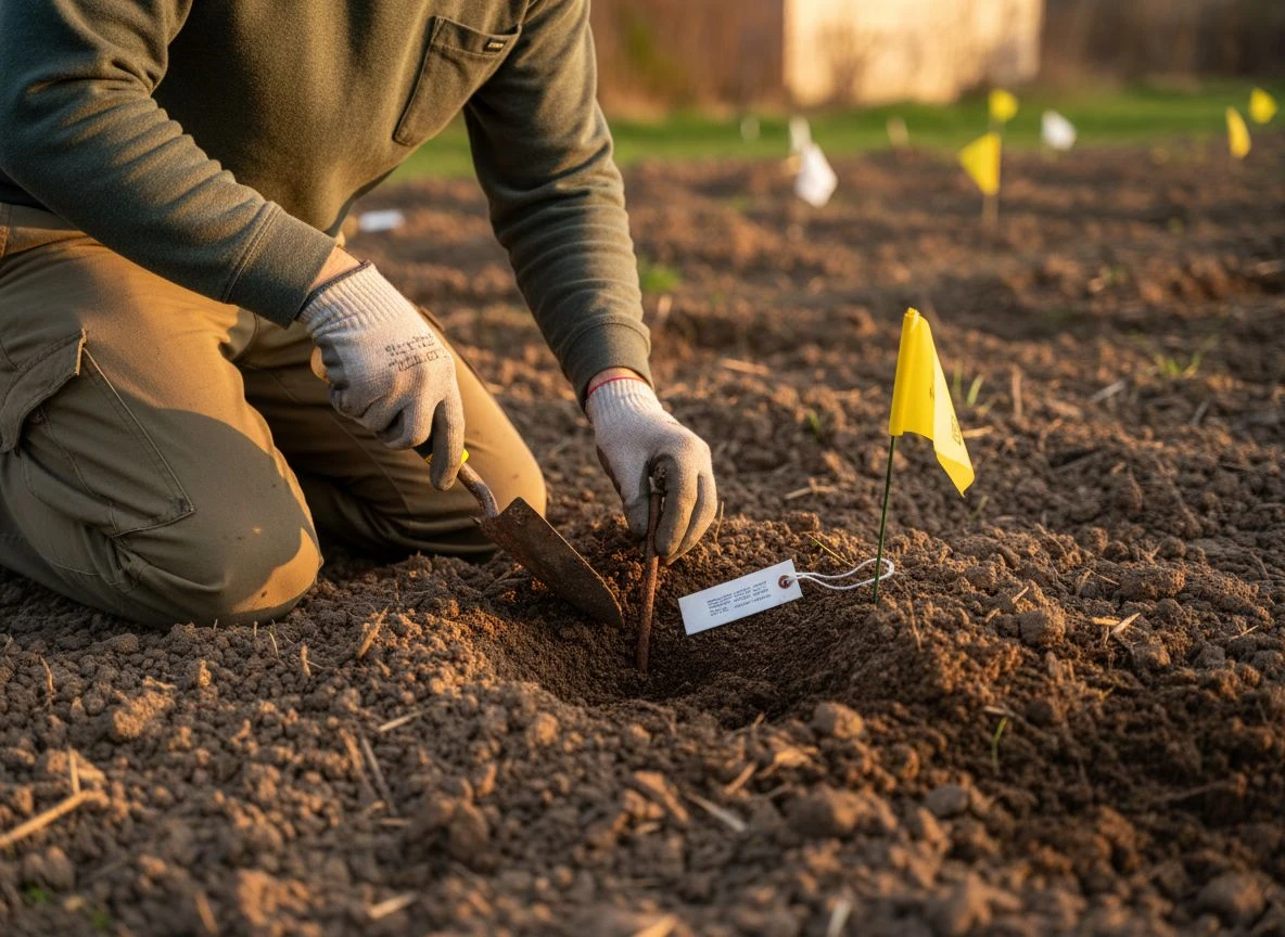 Detectorist burying a test target in a soil plot to study the halo effect over time, with tools and markers for consistency.