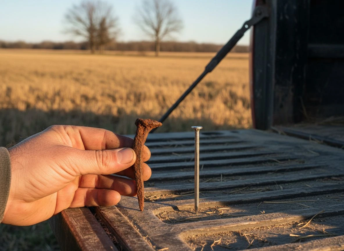 Close-up of a rusty nail compared to a clean nail in a detectorist's hand, showing how corrosion creates a halo effect for metal detectors.