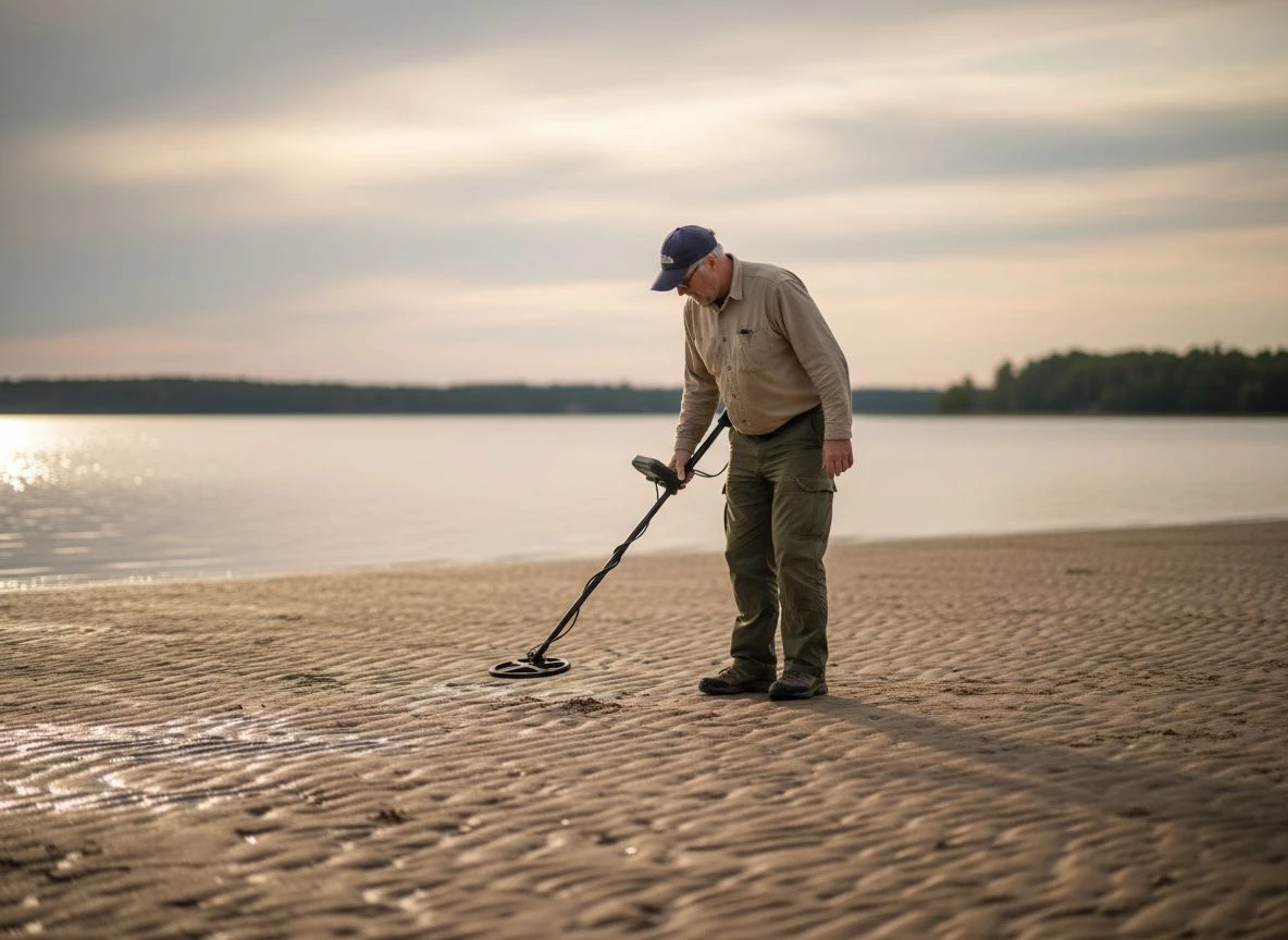 Detectorist hunting on a sandy beach, demonstrating adjusted strategies for dealing with weak and unstable halos in sand soil.