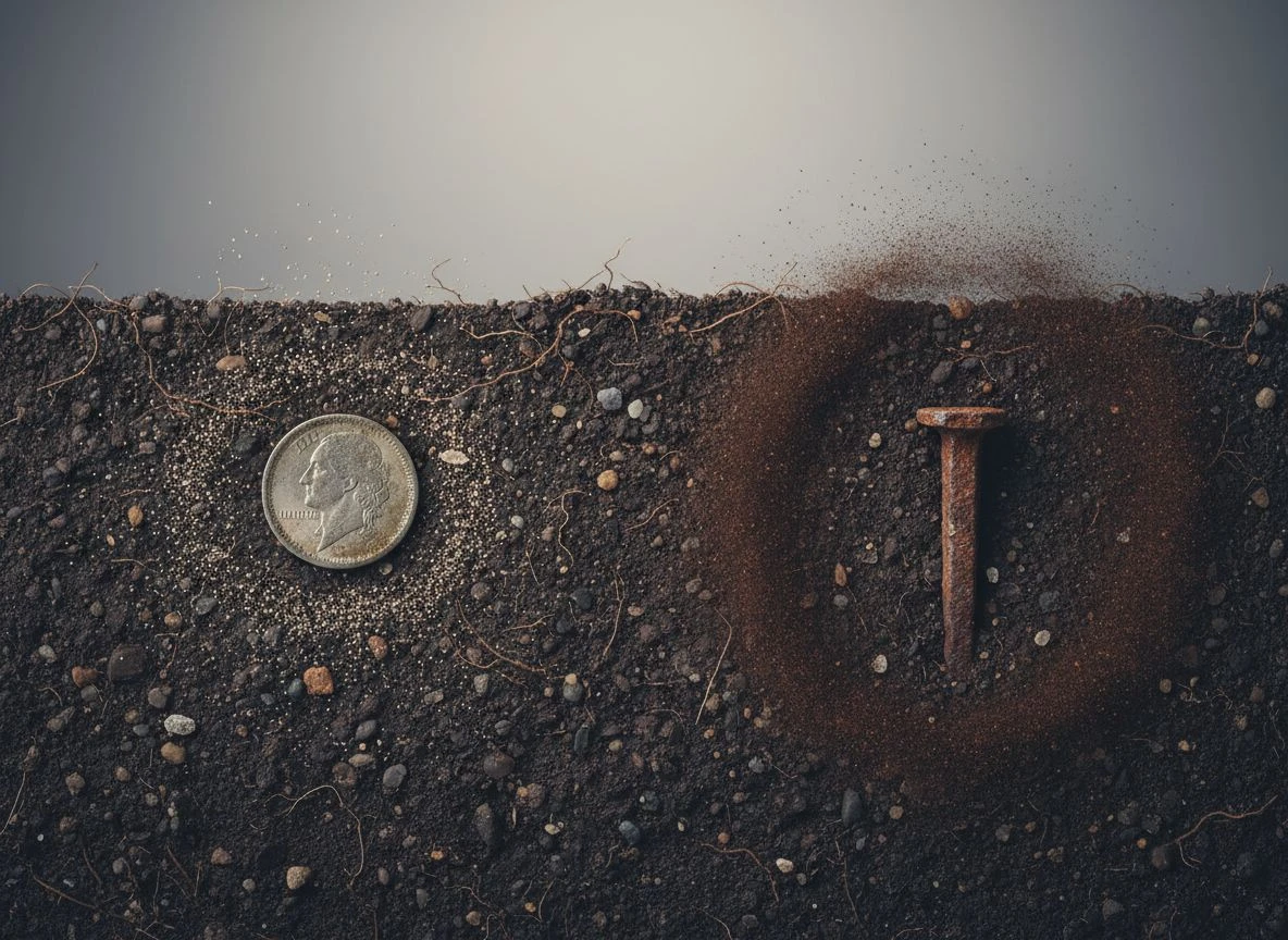 Diagrammatic soil cross-section showing a coin with a conductive halo and a nail with a magnetic ghost halo.