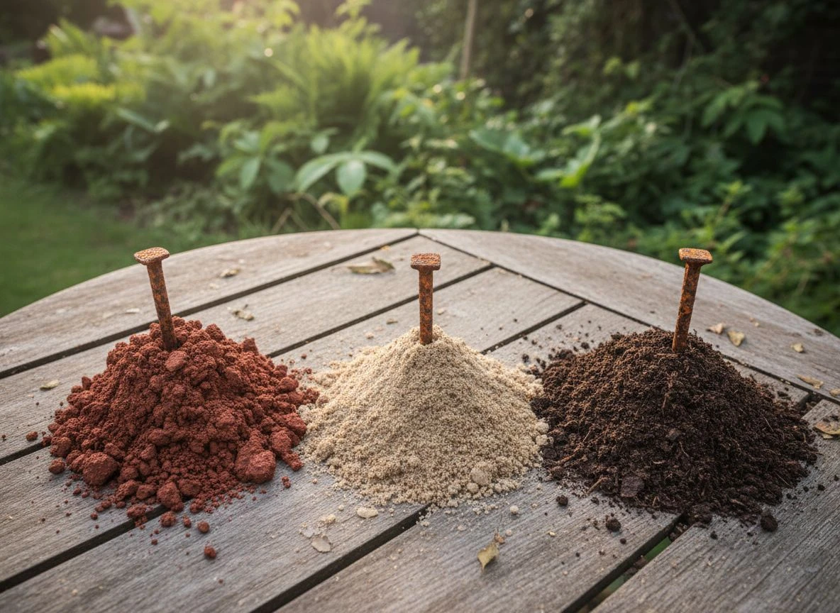 Comparison of clay, sand, and loam soils with rusty nails, illustrating how different soil types influence halo formation and detector signals.