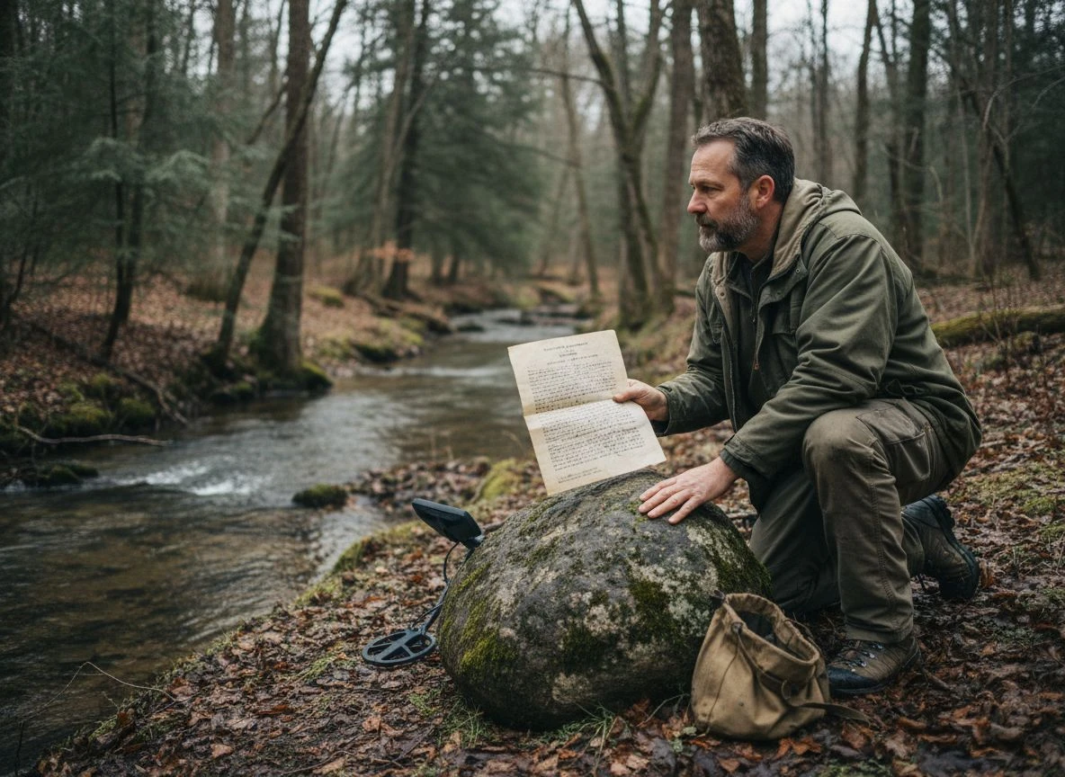 A metal detectorist kneels by a creek, comparing an old property deed to a large stone mentioned in the survey.