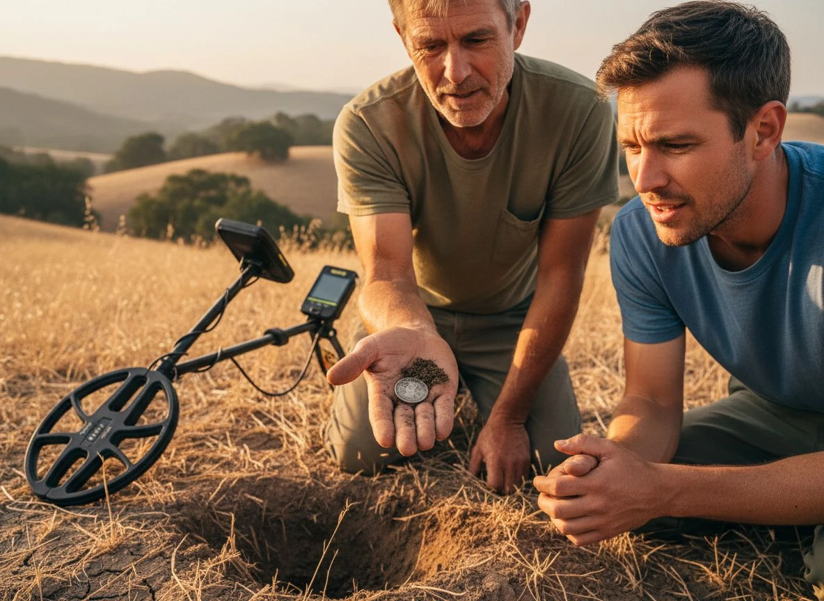 Two metal detectorists in a field examining an old silver coin found during a research-based hunt.