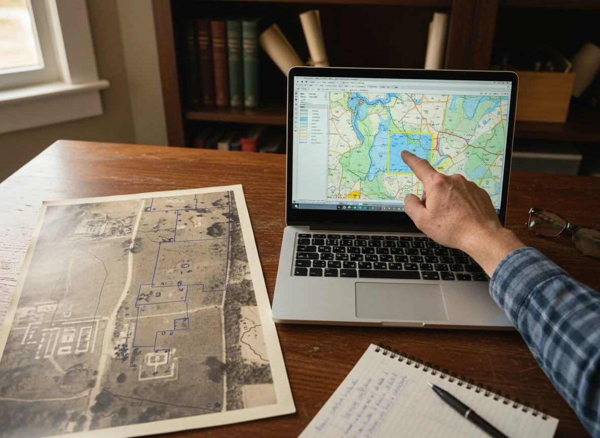 A researcher's hand points to a property parcel on a digital GIS map alongside a historic aerial photo.