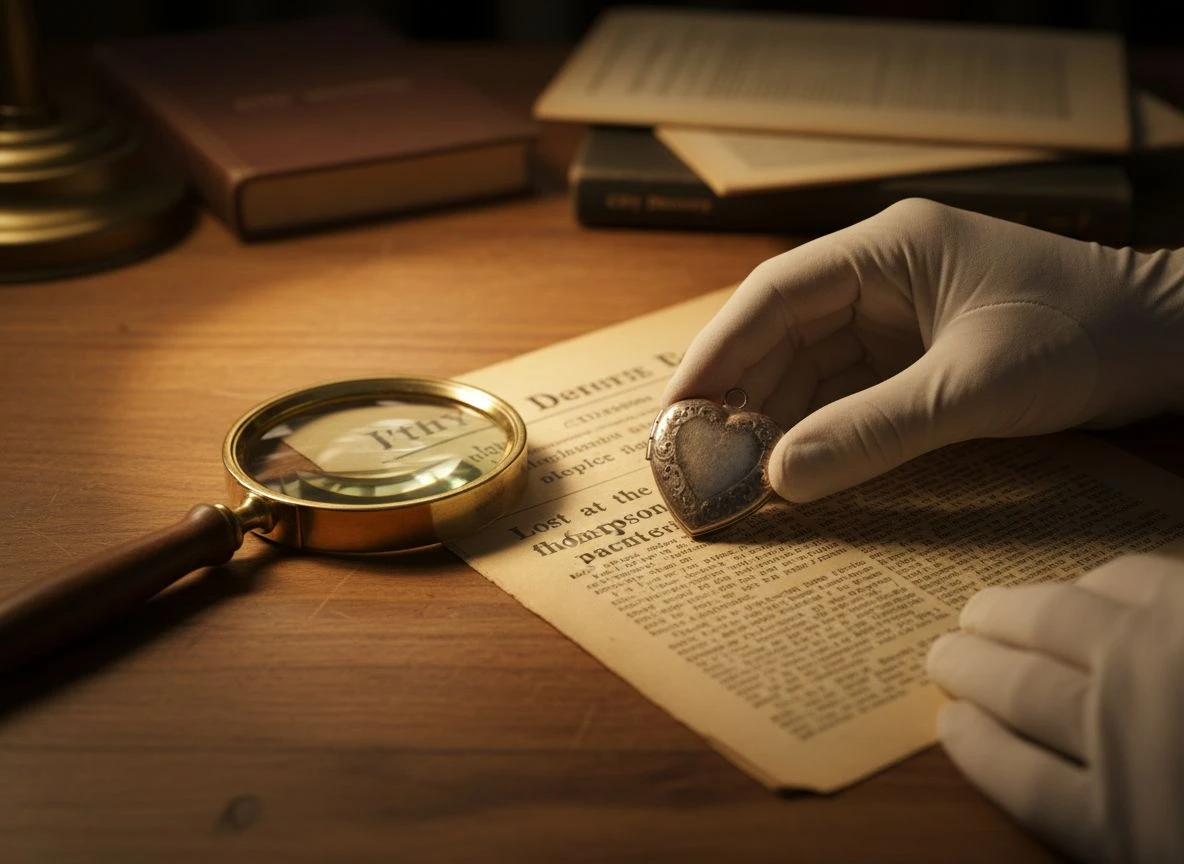 A silver locket placed on a vintage newspaper classified ad about a lost item at a historic picnic.