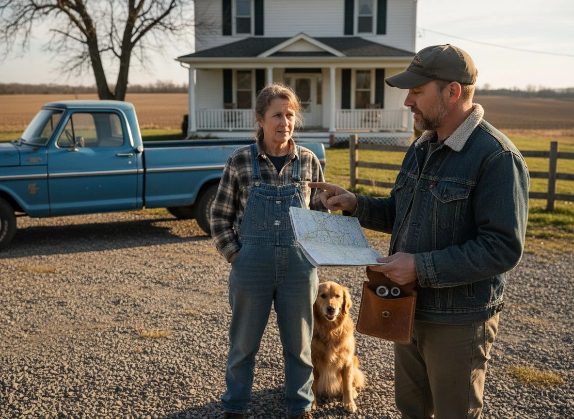 A metal detectorist respectfully speaking with a landowner on a farm driveway, showing a map and finds.