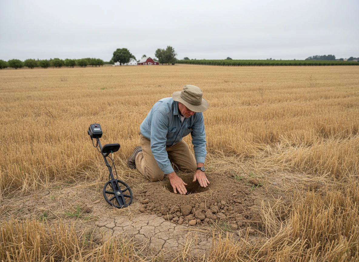 A detectorist meticulously fills his dig hole and sends a check-out text at the end of a hunt.