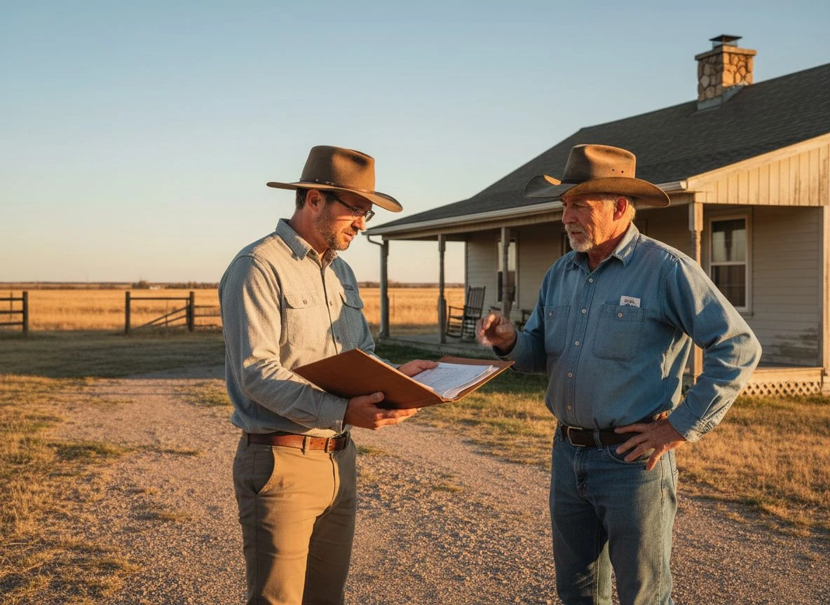 A detectorist respectfully discusses access with a landowner on a rural property at golden hour.