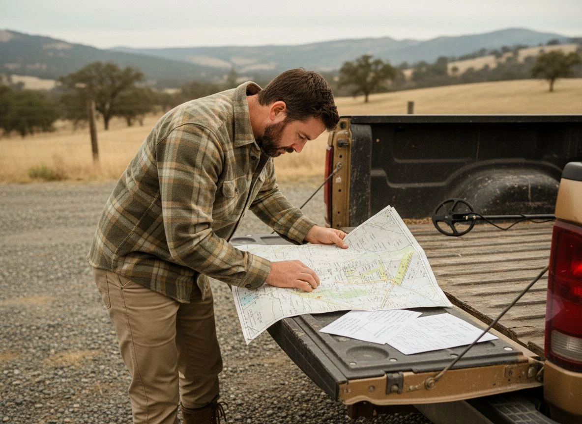 A detectorist reviews a property map and notes on the tailgate of his truck before seeking permission.