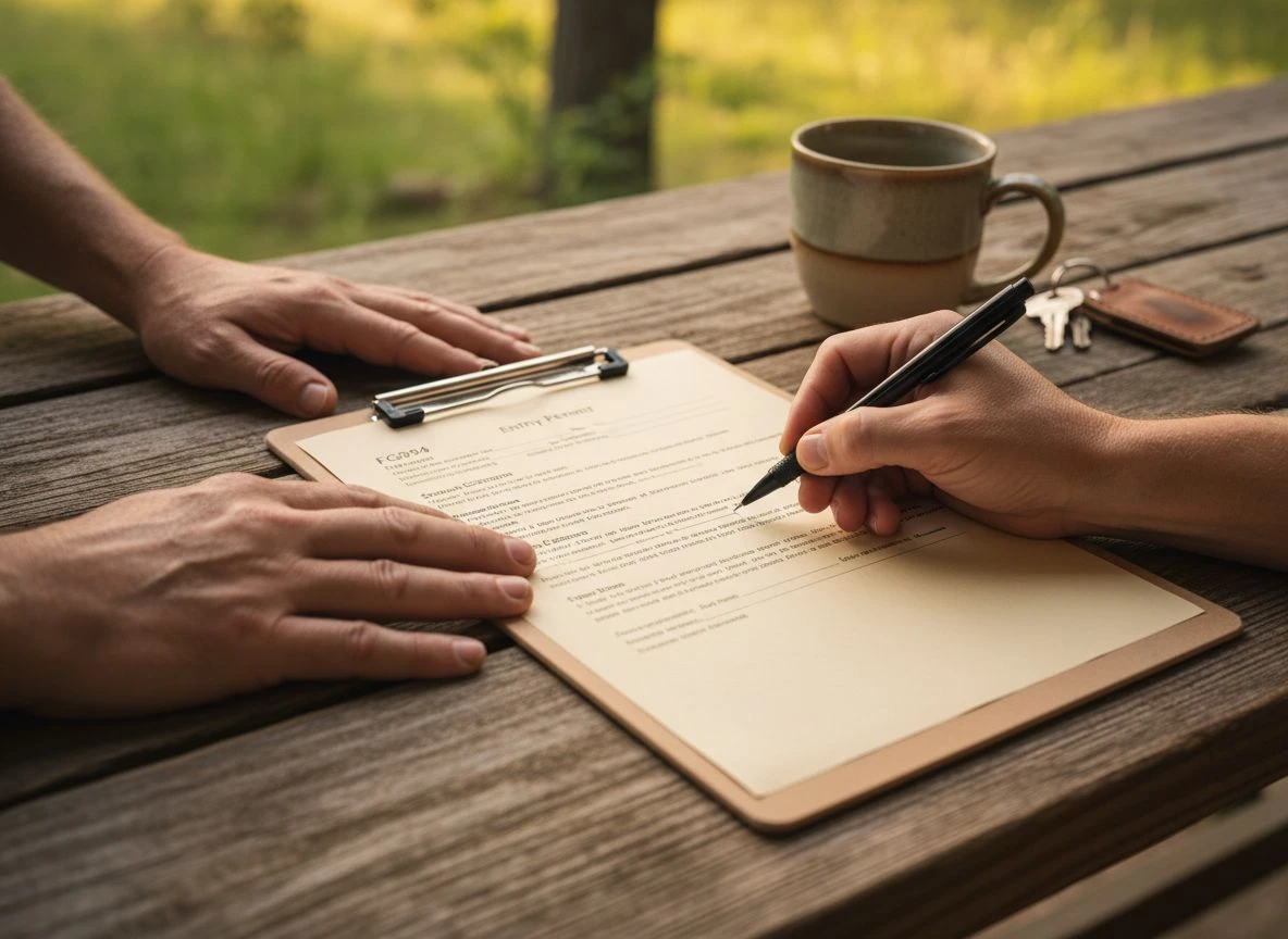 Close-up of a detectorist and landowner collaboratively filling out the official California entry permit form.