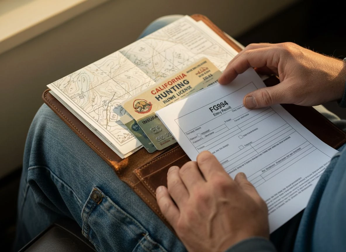 Close-up of a detectorist's permission folder containing a parcel map, license, insurance, and a blank state entry form.