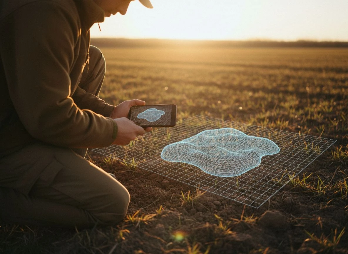 Kneeling detectorist with smartphone showing augmented reality ground scan of buried object