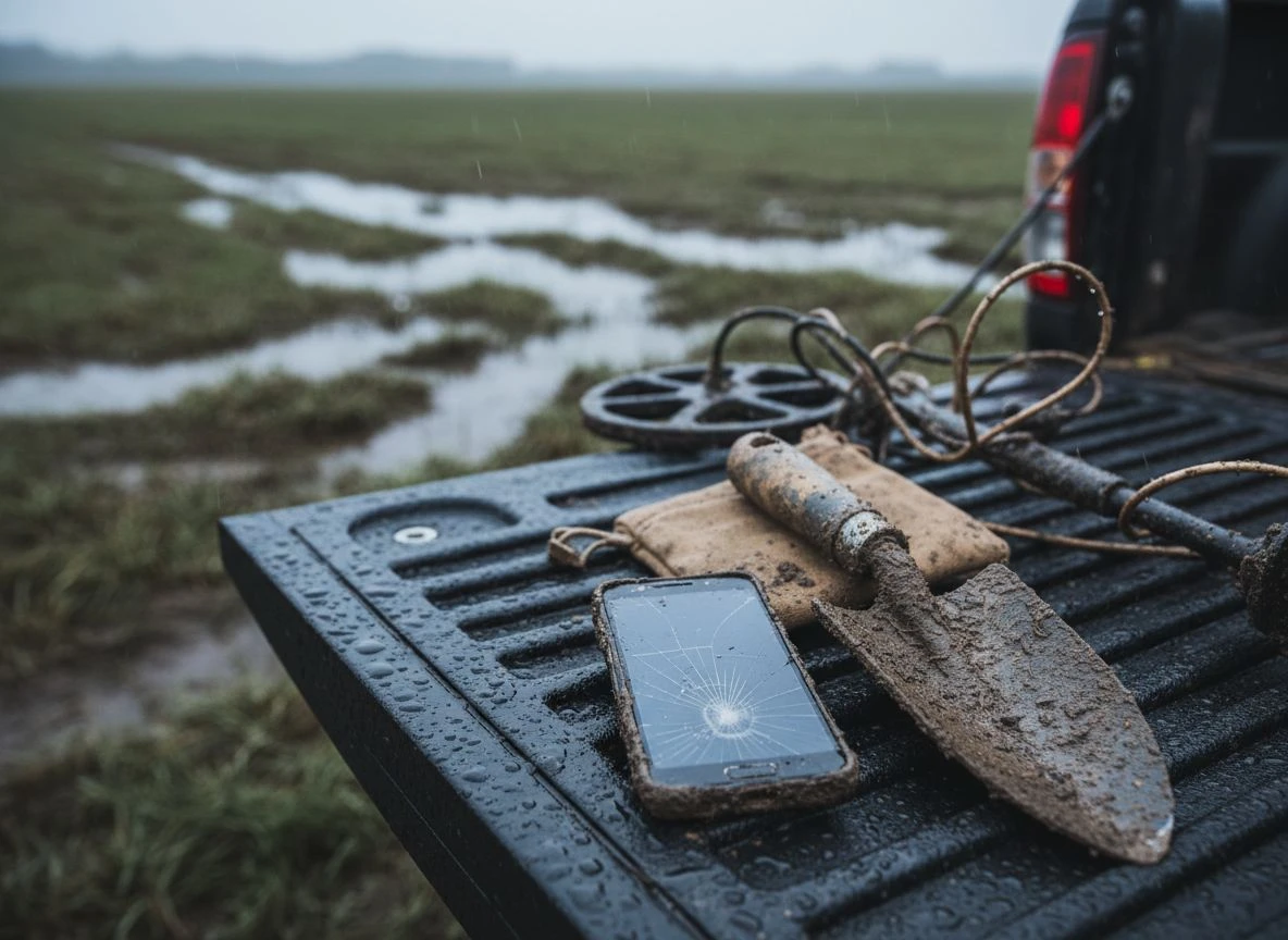 Cracked muddy smartphone on tailgate near dig tool and finds pouch, showing durability issues