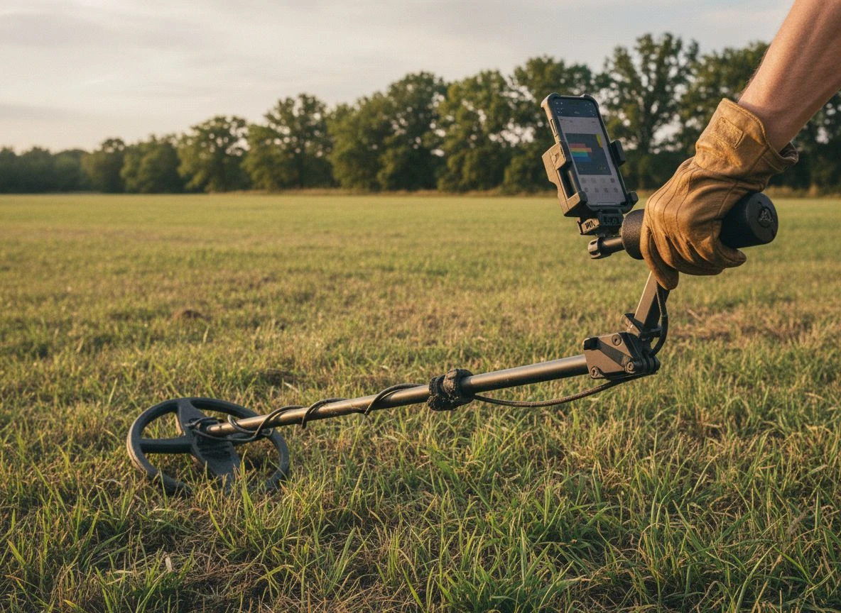 Smartphone-integrated metal detector Quest Air style with phone mounted on shaft in grassy field
