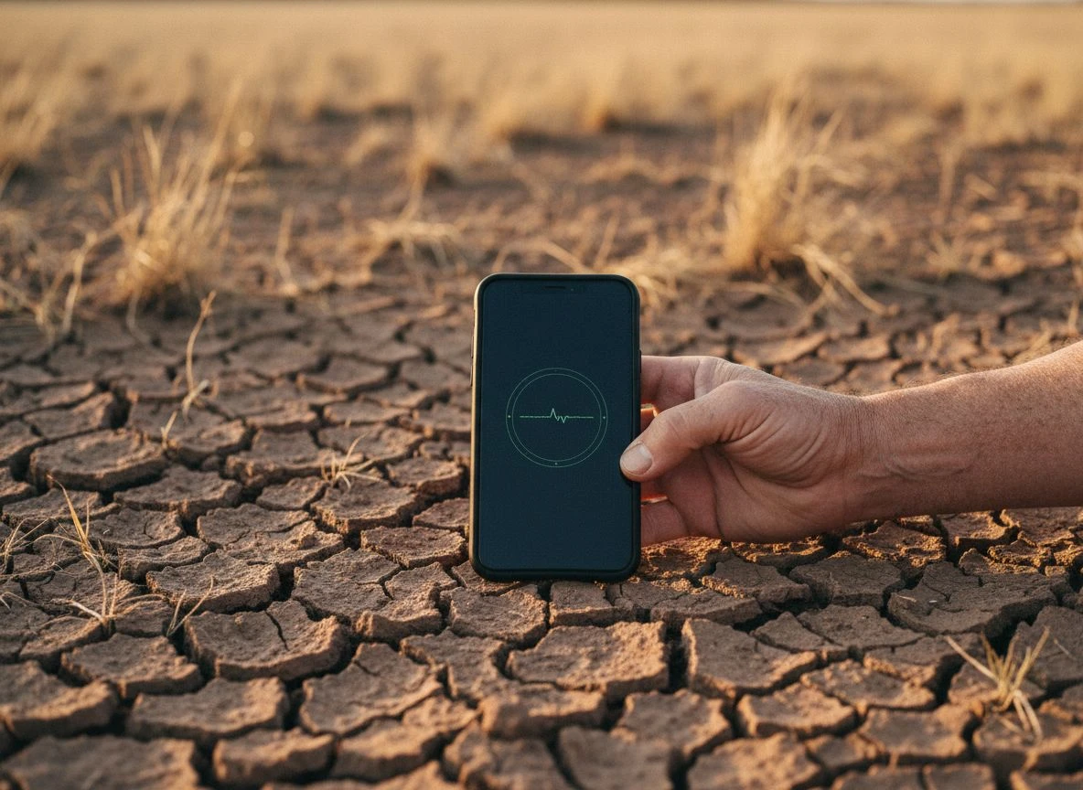 Hand holding smartphone over dry soil with magnetometer app showing faint target reading