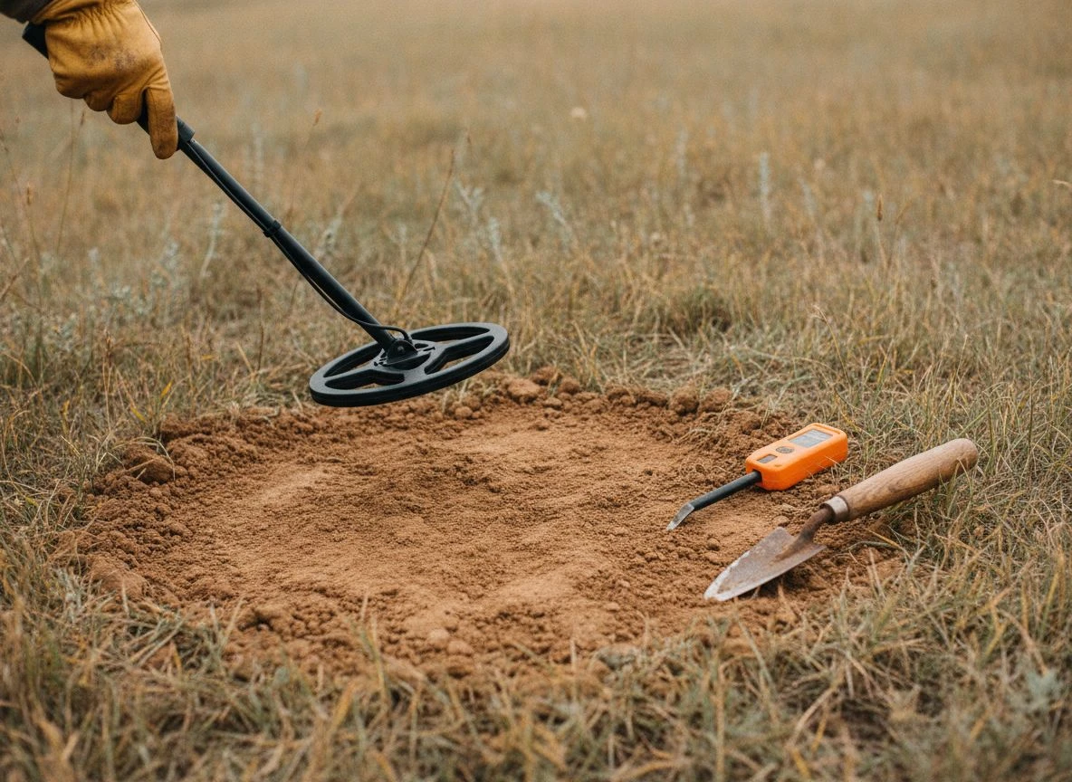 Close-up of a scraped 12-inch circle of bare dirt with a pinpointer and trowel beside it, and a detector coil hovering above.