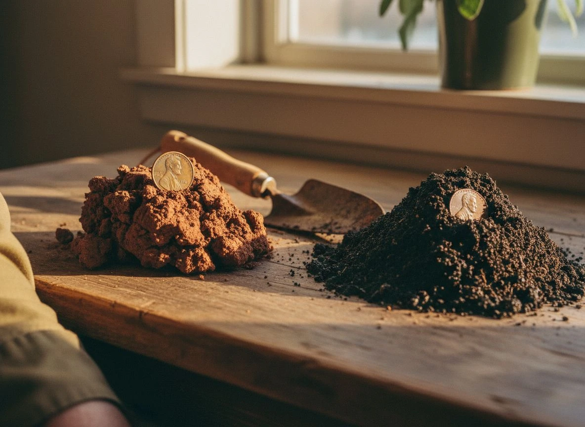 Two soil samples, red clay and wet sand, with a copper penny buried in each, on a weathered wooden table.