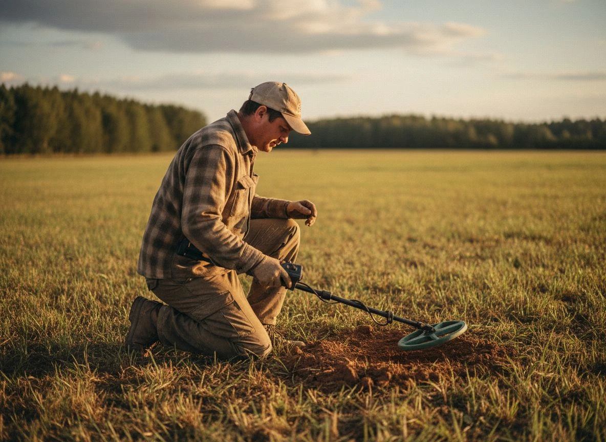Detectorist kneeling in a field, pumping the coil up and down over bare dirt while adjusting the control box.