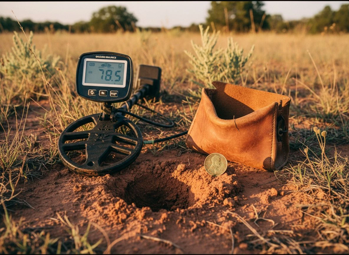 Metal detector resting on red clay beside a small hole containing a 1919 wheat penny, with ground balance number visible on screen.