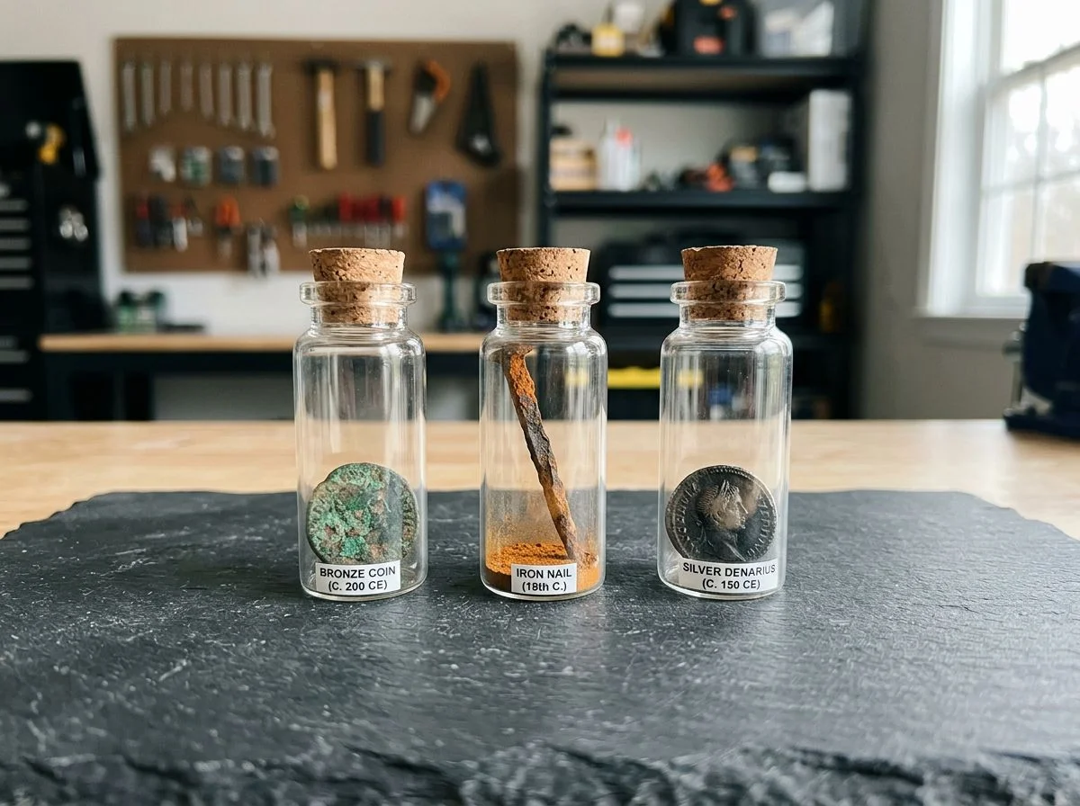 Three glass vials holding a corroded bronze coin, a rusting iron nail, and a tarnished silver coin on slate.