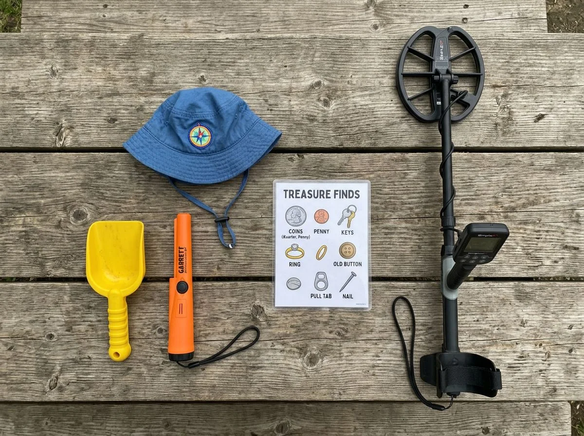 Flat lay of toddler metal detecting gear on a picnic table