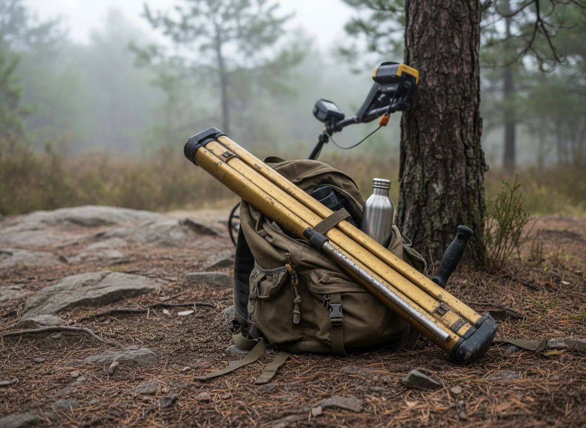 Collapsed TreasureHunter3D GoldenEye scanner packed in a hiking backpack with a water bottle and digging tool