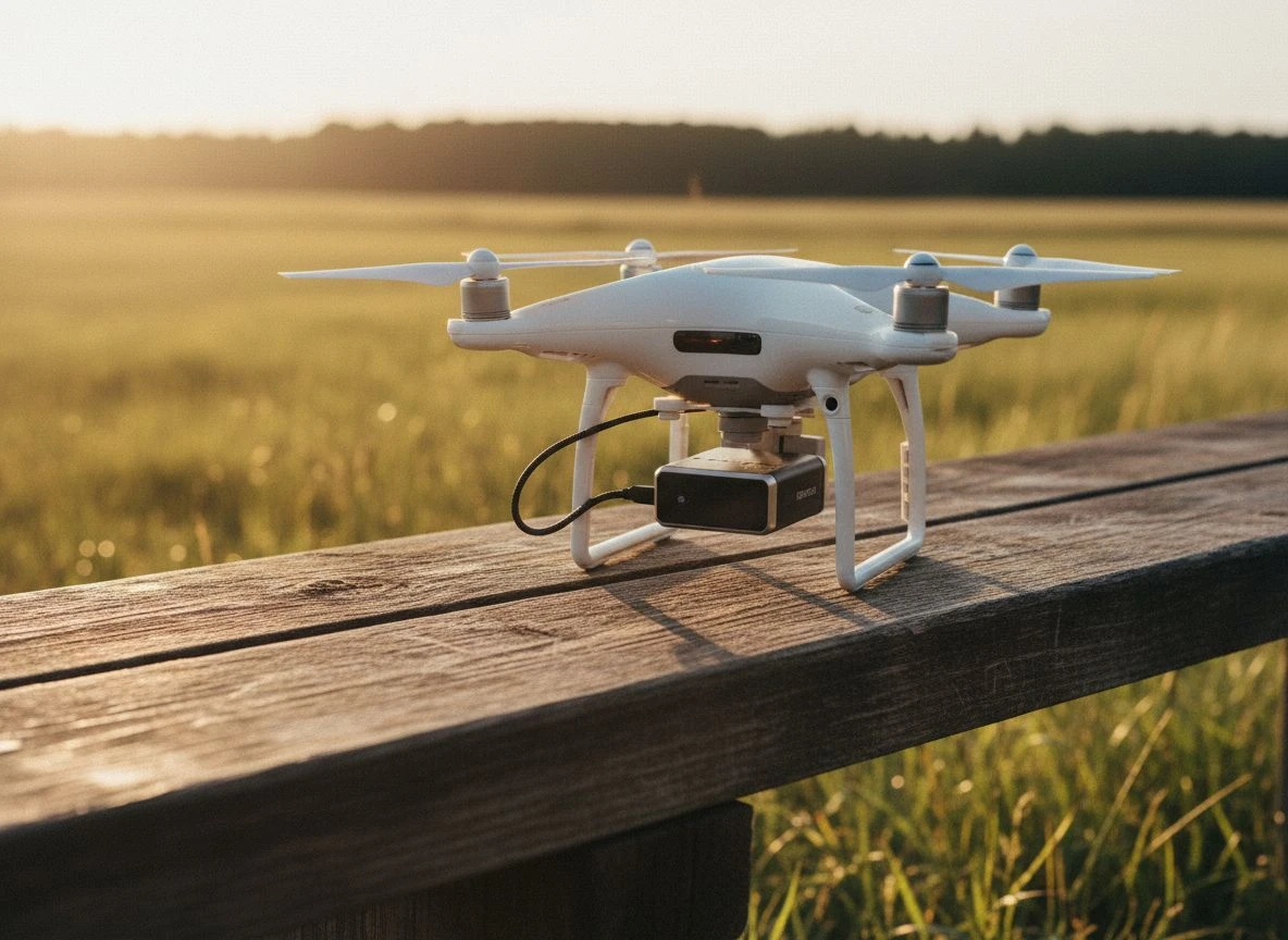 Close-up of DJI Phantom drone with DroneRover sensor attached on a wooden table in a grassy field at golden hour