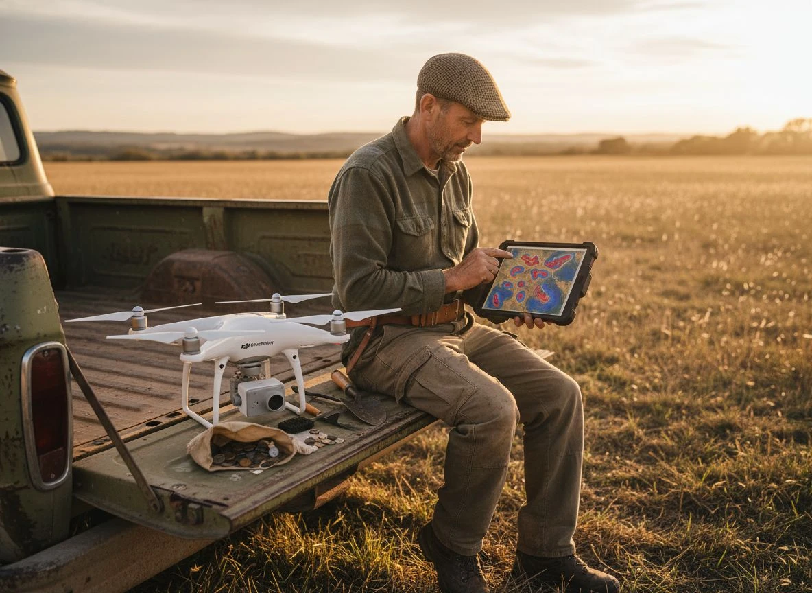 Detectorist reviewing 3D scan on tablet while seated on truck tailgate with drone beside him