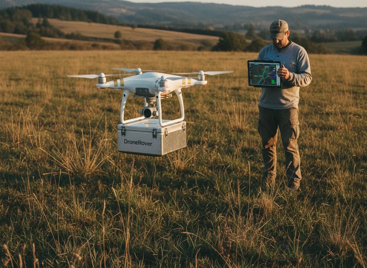 Drone with DroneRover hovering over field while detectorist checks tablet in background