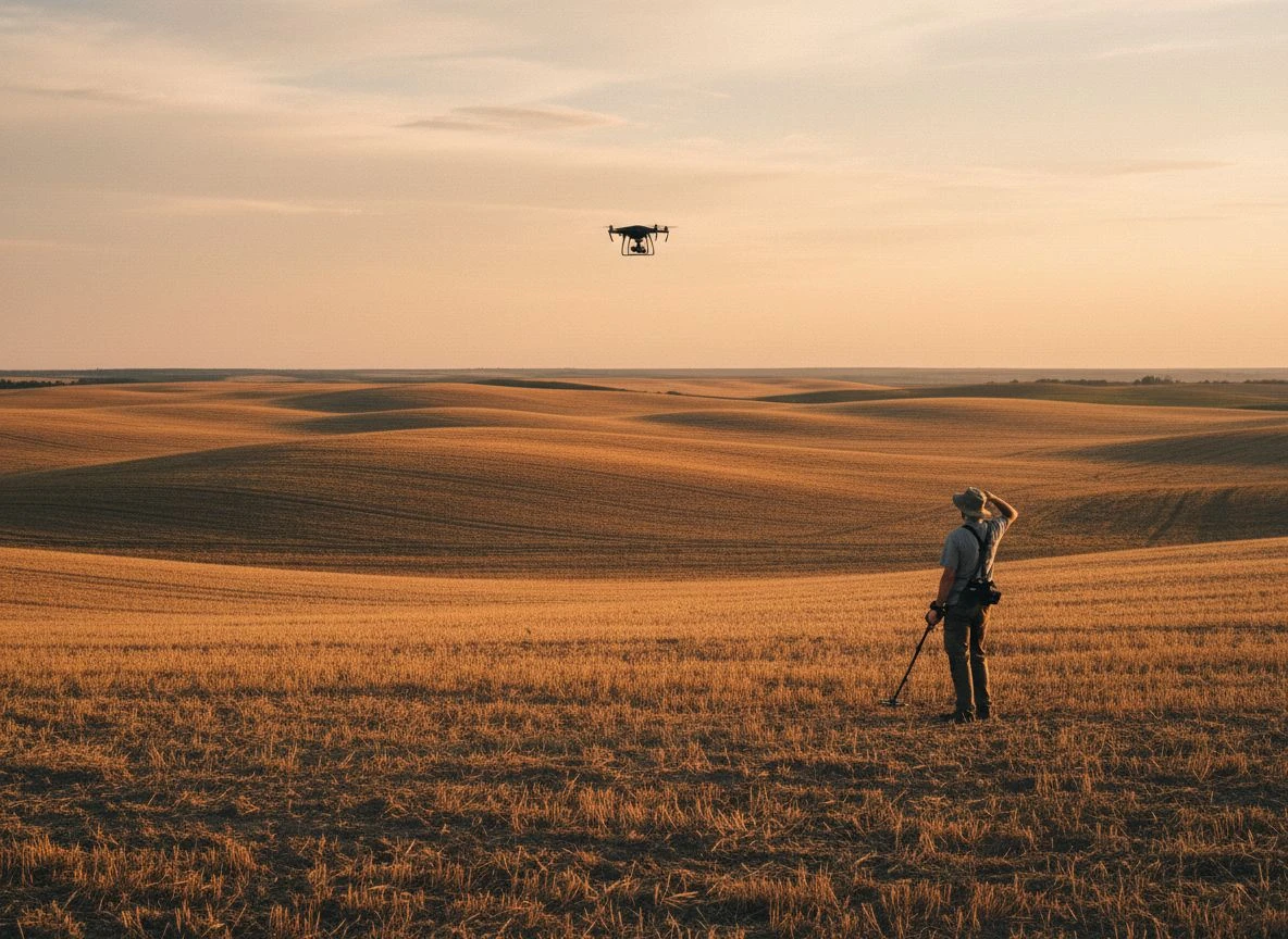 Wide landscape of historic field with drone high in sky and detectorist in foreground