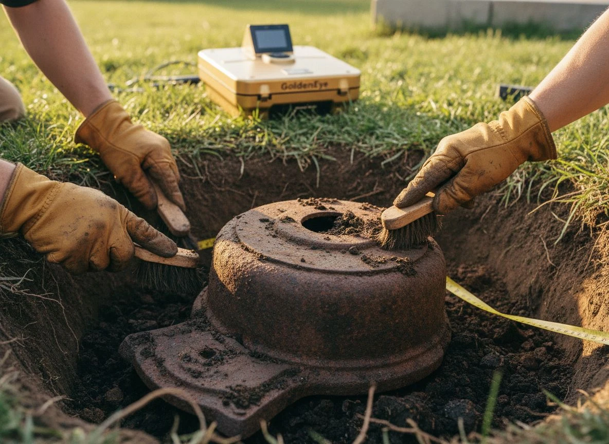 Gloved hands brushing dirt off a rusted cast-iron stove piece found deep underground with a TreasureHunter3D GoldenEye