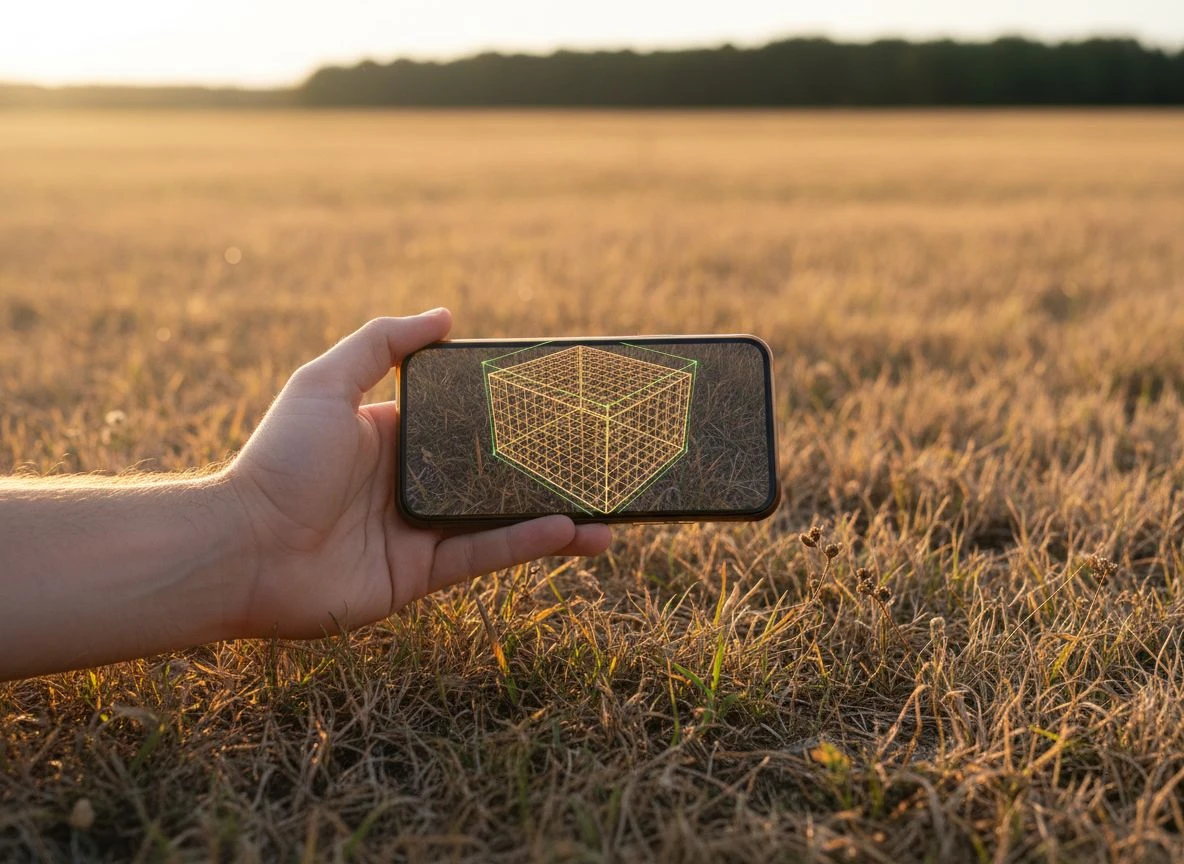 Augmented reality view on smartphone showing 3D scan overlay of underground anomaly in a field
