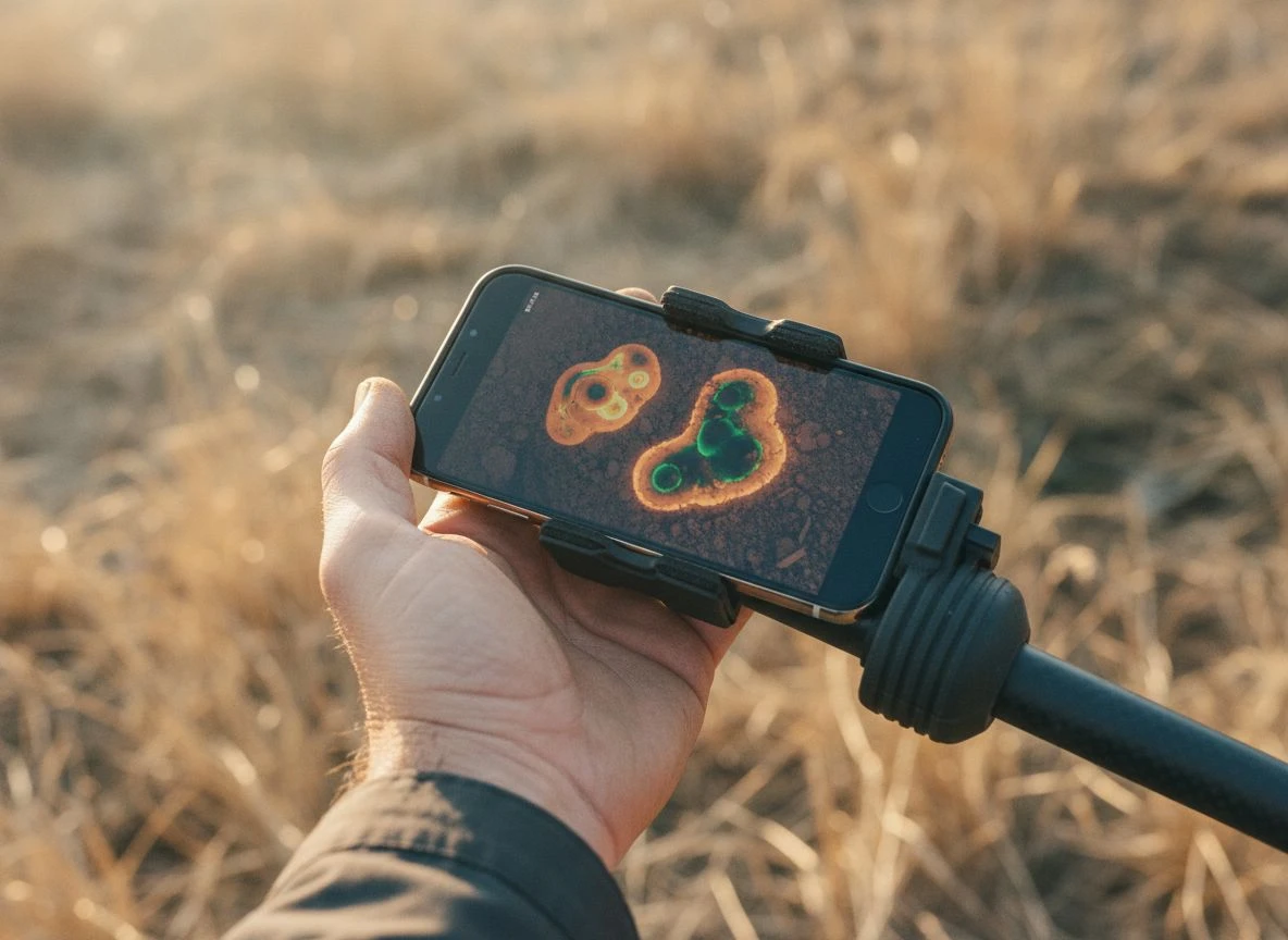 Smartphone displaying 3D scan visualization of underground anomalies while attached to a detector
