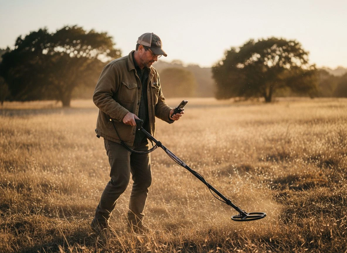 Detectorist using a TreasureHunter3D metal detector in a grassy field at golden hour