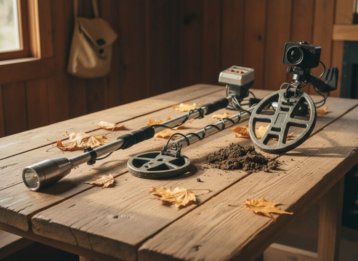 Three TreasureHunter3D detectors arranged on a weathered wooden table: TreasureLight, TreasureHunter, and GoldenEye