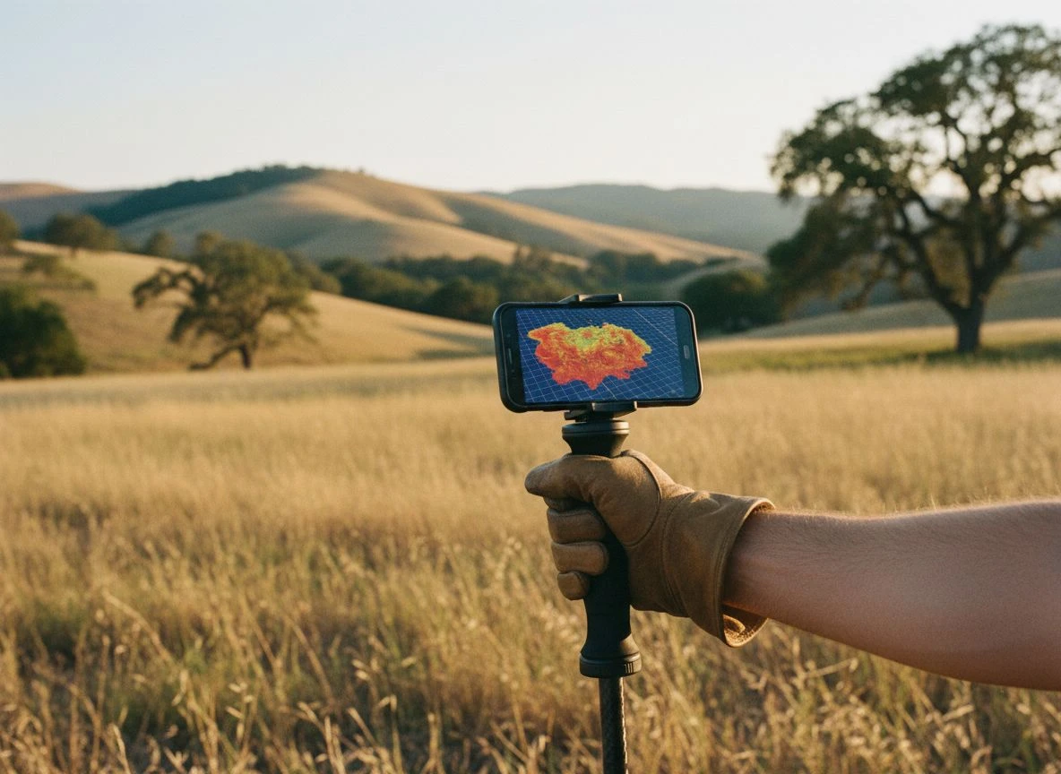 Detectorist holds a TreasureHunter3D GoldenEye scanner with phone displaying a 3D ground scan at sunset in a field