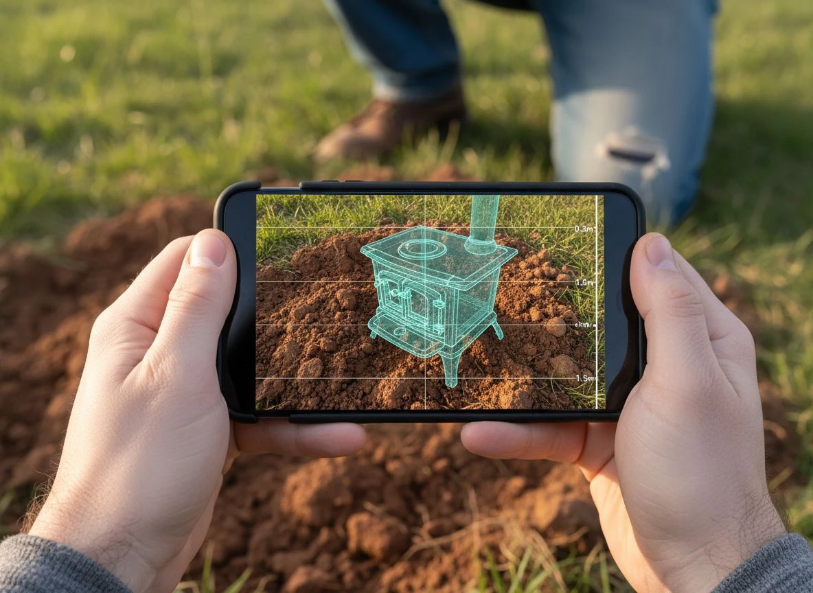 Smartphone screen showing augmented reality 3D scan of a buried cast-iron stove overlaid on soil at a homestead dig site