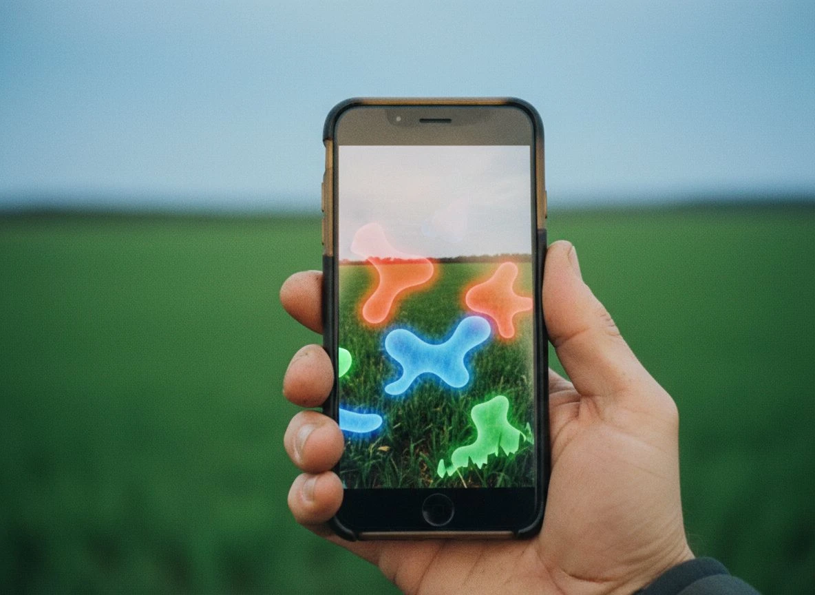 Smartphone showing AR scan visualization of underground targets in a green field
