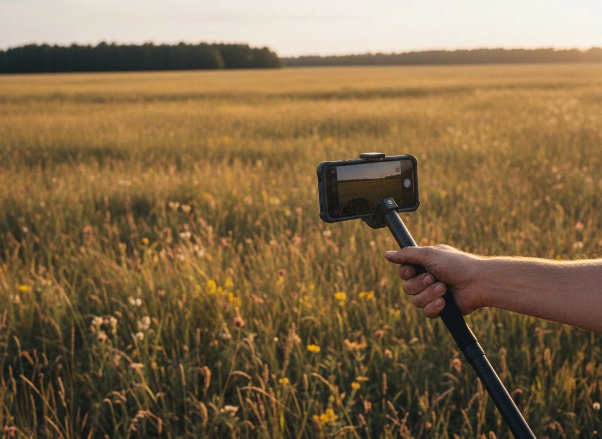 Hand holding GoldenEye Plus walking stick with smartphone attached, sweeping over a sunlit grassy field