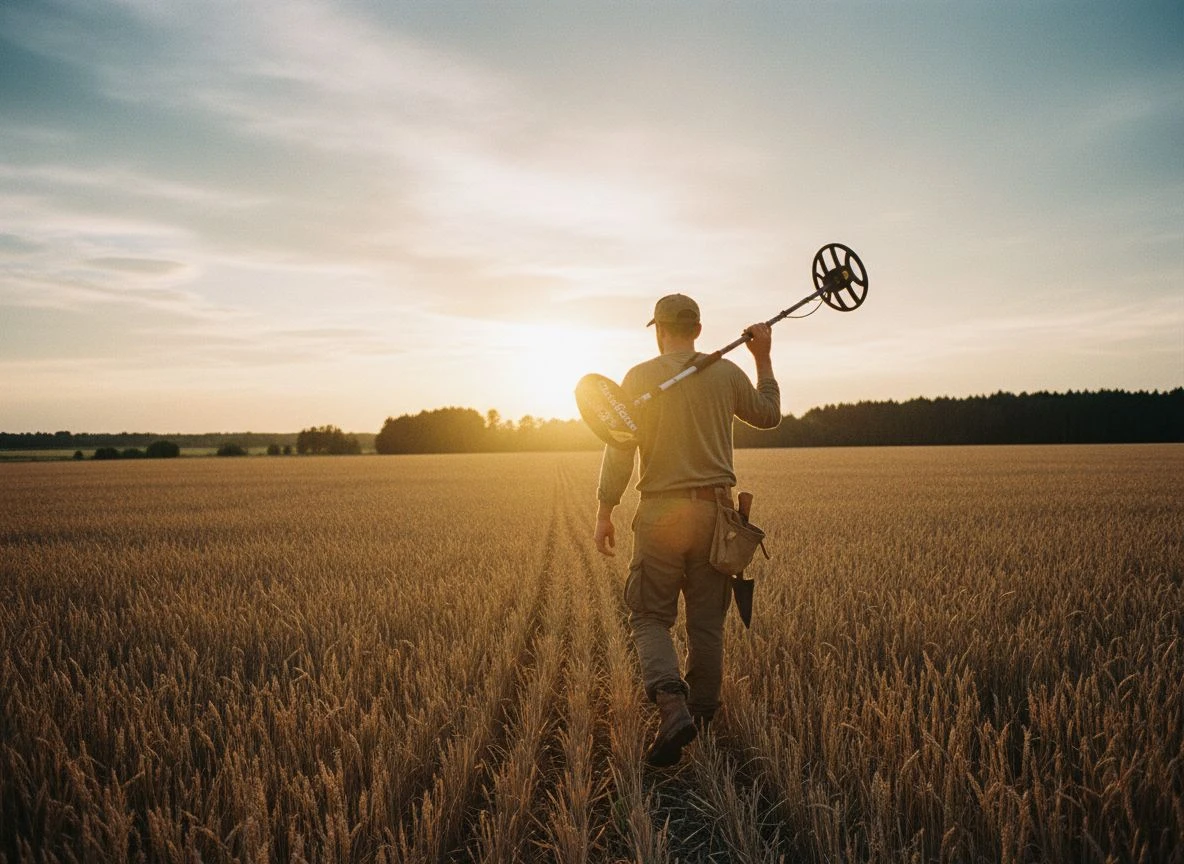 Detectorist walking away into a sunset field holding the GoldenEye Plus walking stick
