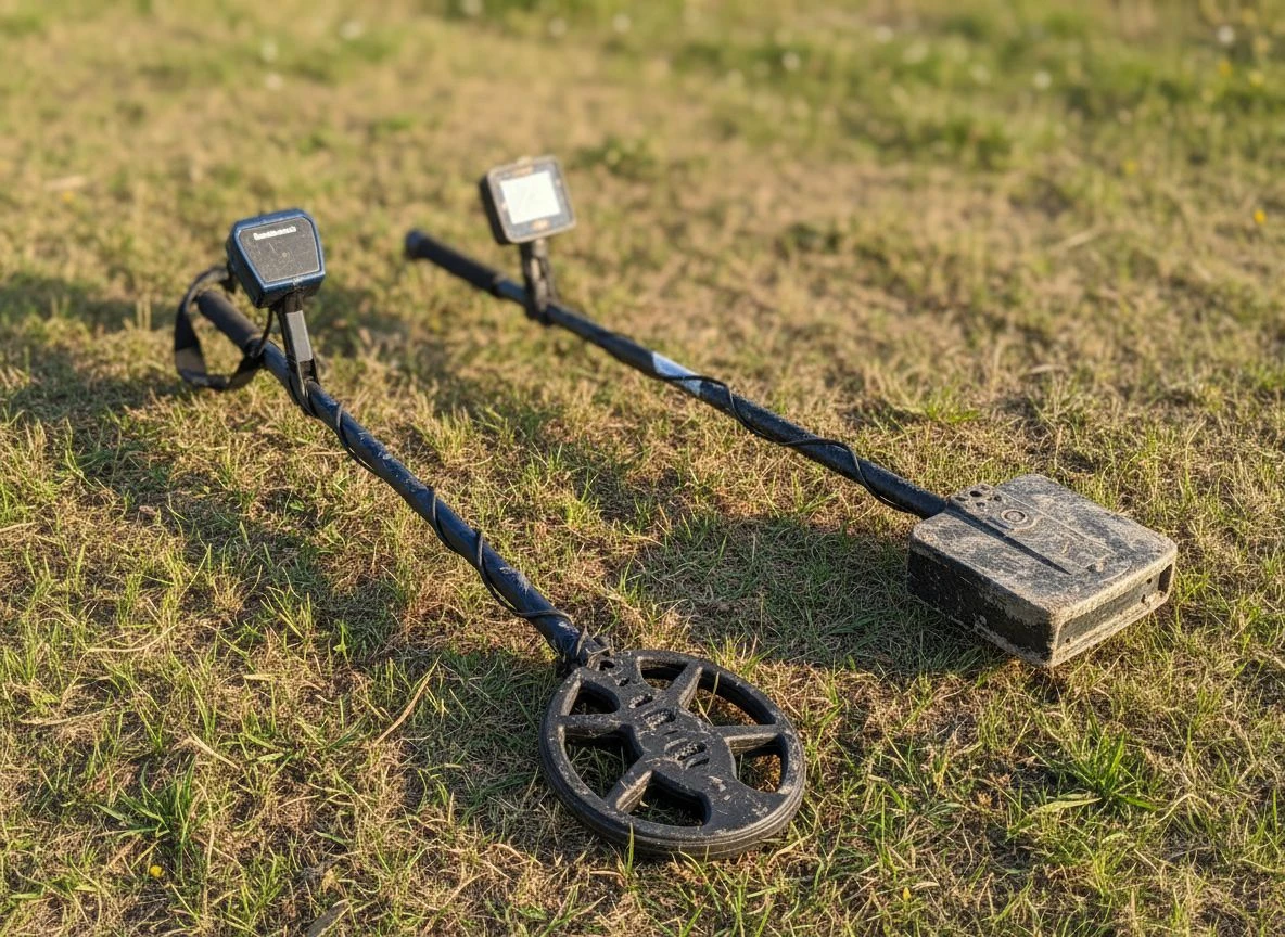 Comparison of a standard VLF metal detector and the GoldenEye Plus walking stick detector lying on grass