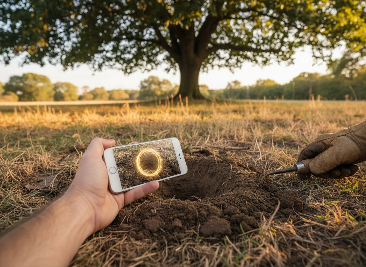 Hand holding smartphone showing AR 3D scan of buried coin in soil