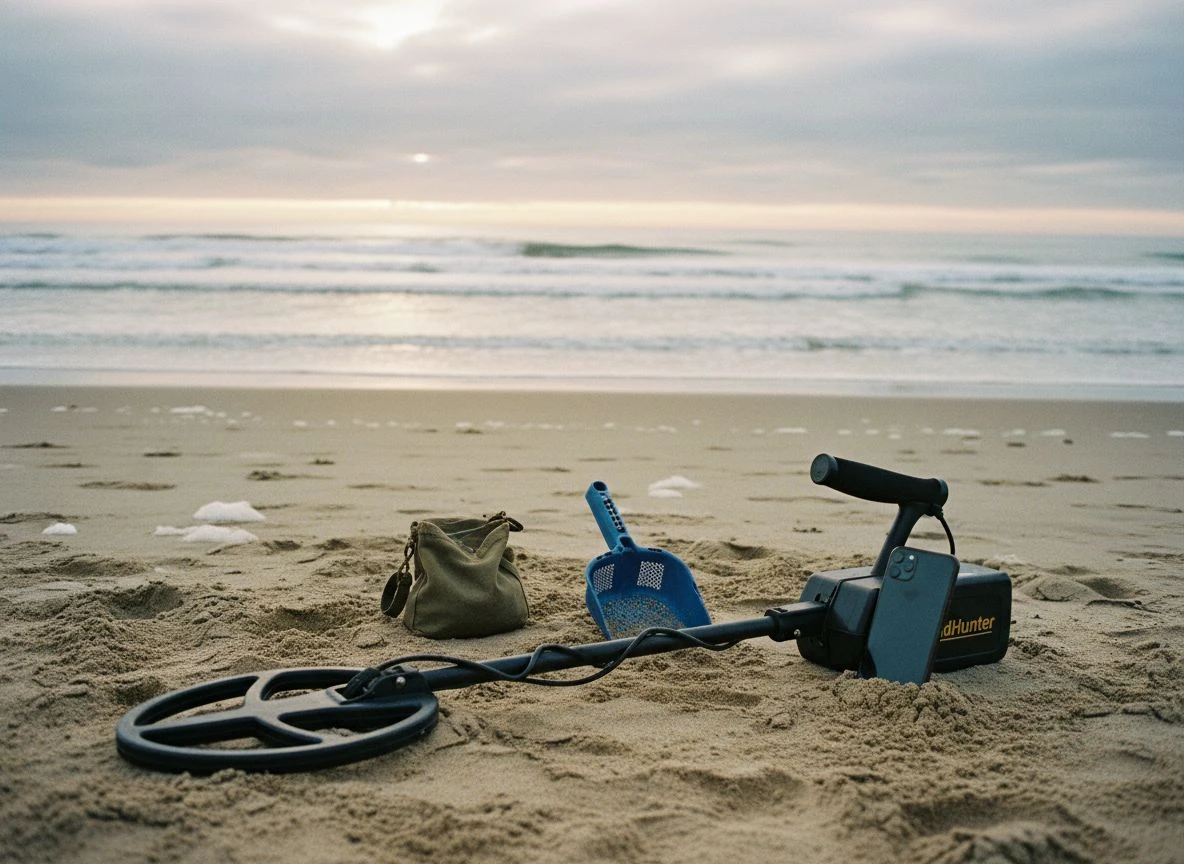 GoldHunter detector on dry beach sand with iPhone and scoop nearby
