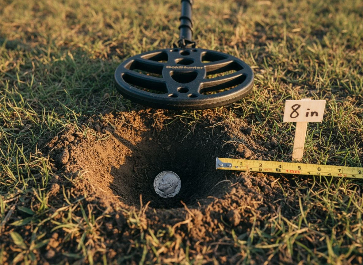 Silver dime at 8 inches depth with tape measure and GoldHunter coil overhead