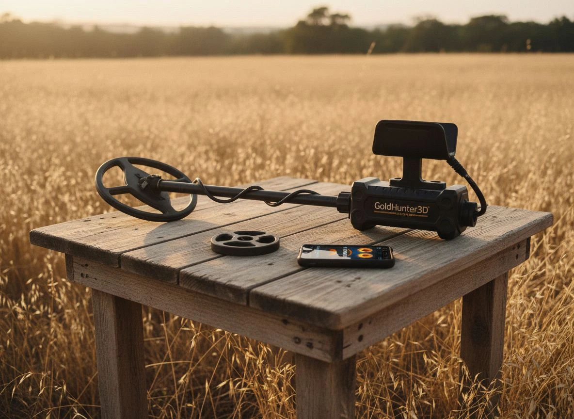 GoldHunter VLF detector and iPhone with 3D scanning app on a wooden table in a golden-hour field