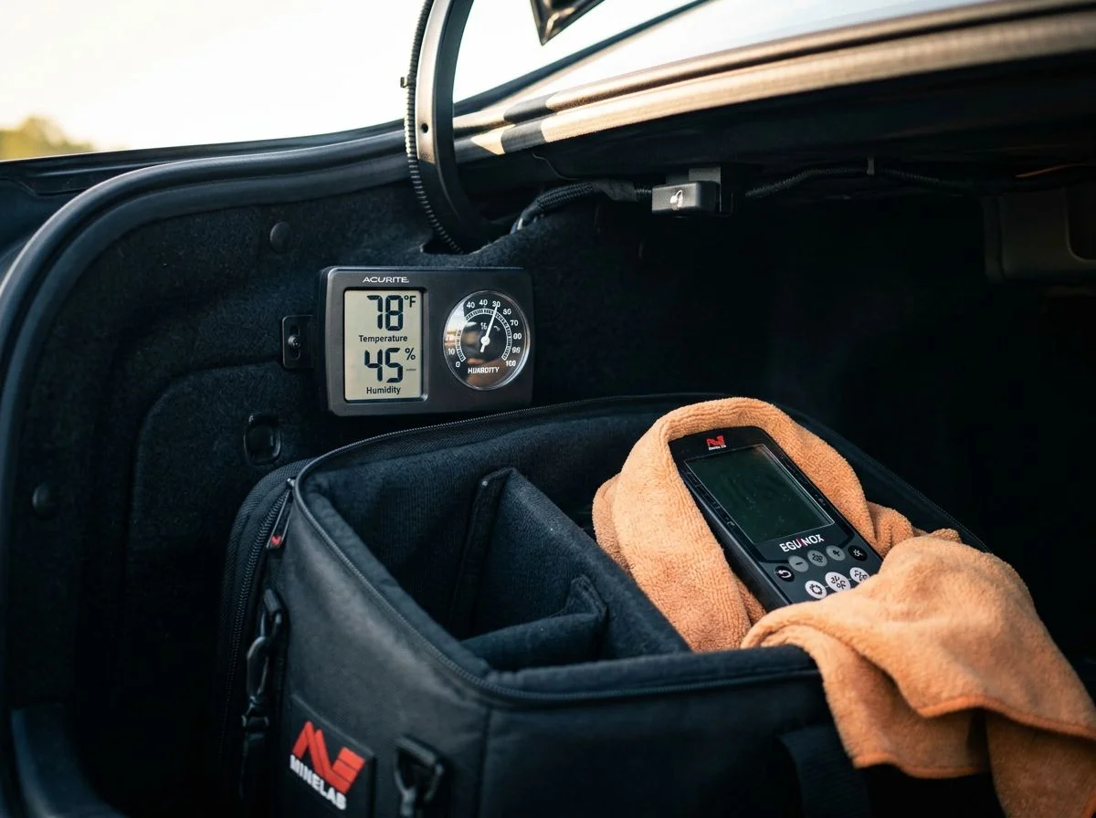 Thermometer and humidity gauge inside a car trunk next to a padded metal detector case, showing temperature and humidity readings.