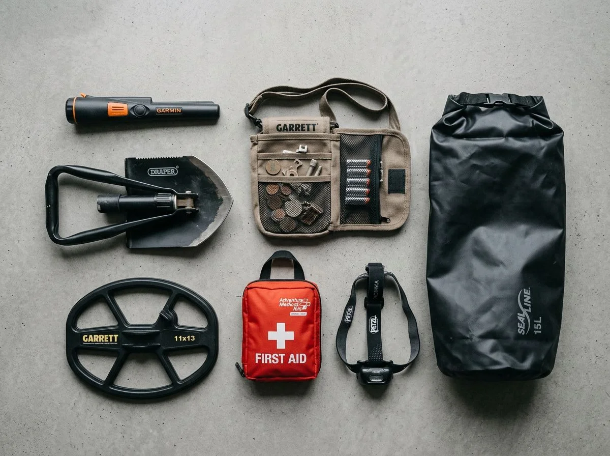 Overhead view of essential metal detecting gear including pinpointer, folding shovel, finds pouch, batteries, first aid kit, headlamp, and waterproof bag arranged neatly.