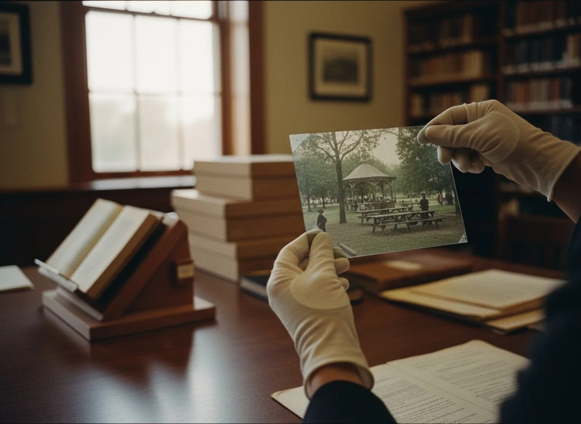 A detectorist's hands holding a historic glass plate negative up to the light in a library archive room.
